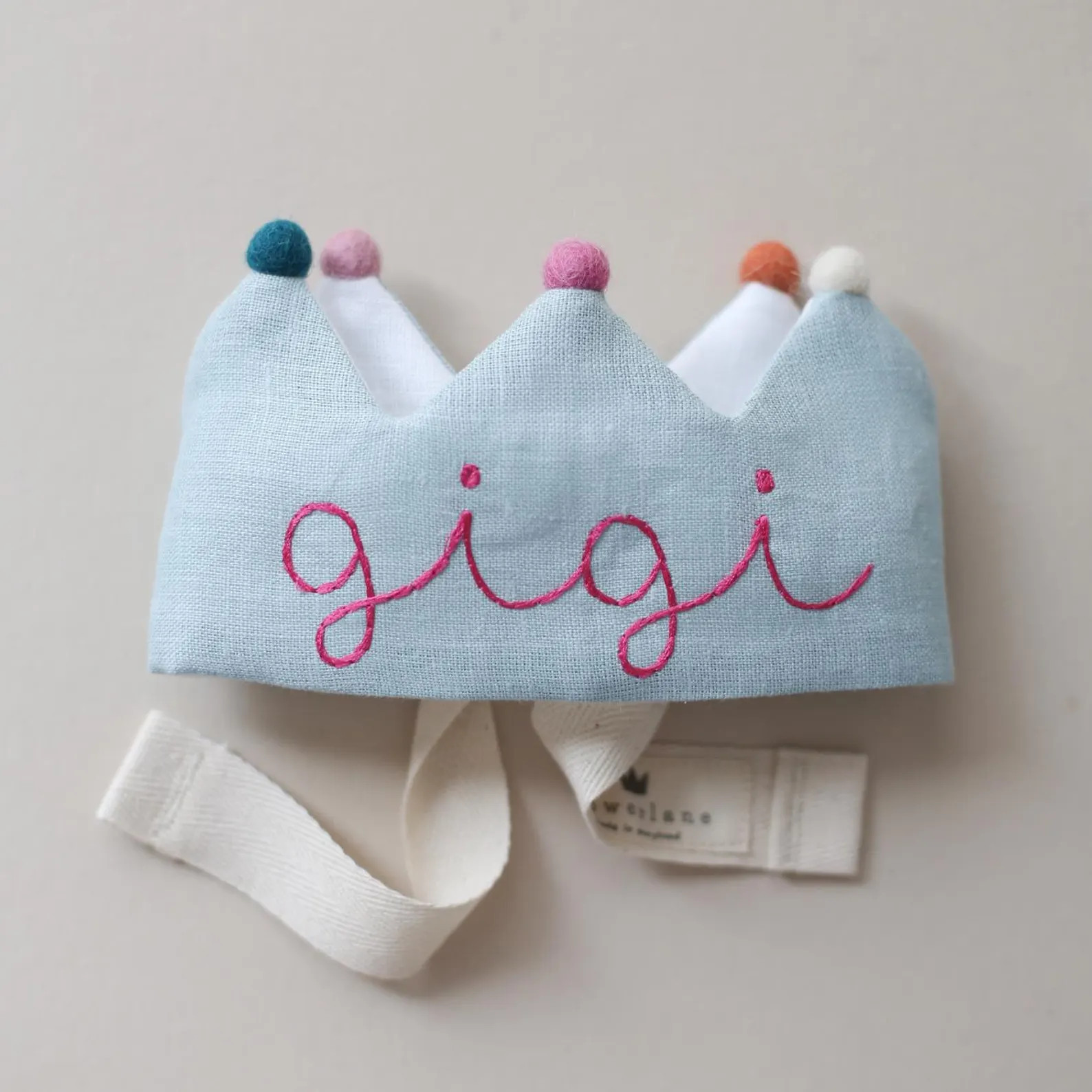 Personalized Handmade Kids and Baby's First Birthday Crown in Mint Linen With Pom Poms - Etsy | Etsy (US)