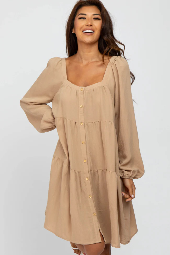 Taupe Long Sleeve Tiered Dress | PinkBlush Maternity