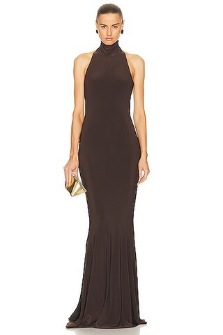 Norma Kamali Halter Turtleneck Fishtail Gown in Chocolate | FWRD 