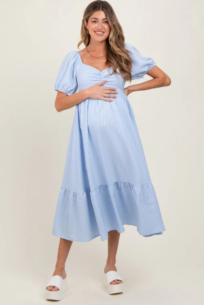 Light Blue Sweetheart Stripe Smocked Back Maternity Midi Dress | PinkBlush Maternity