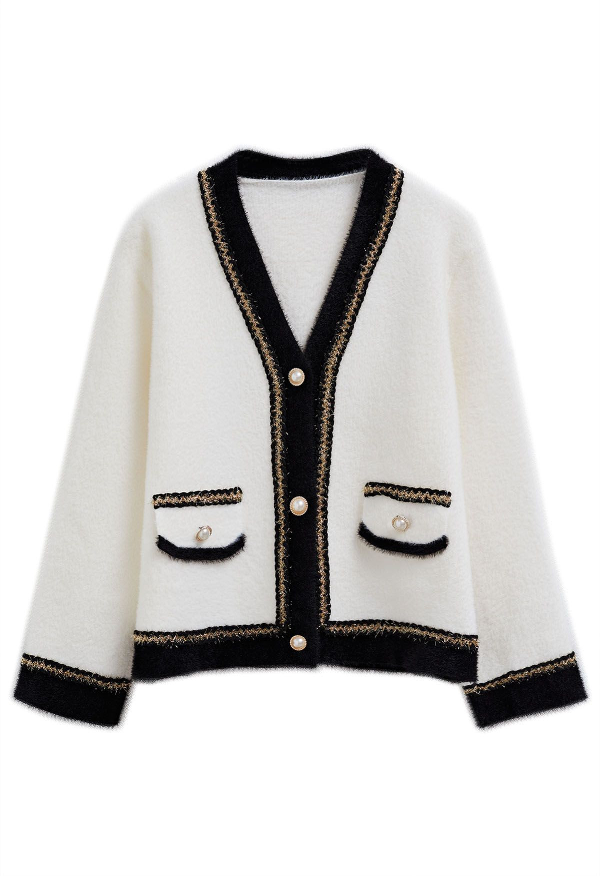 Contrast Shimmer Fringe Fuzzy Knit Cardigan in White | Chicwish