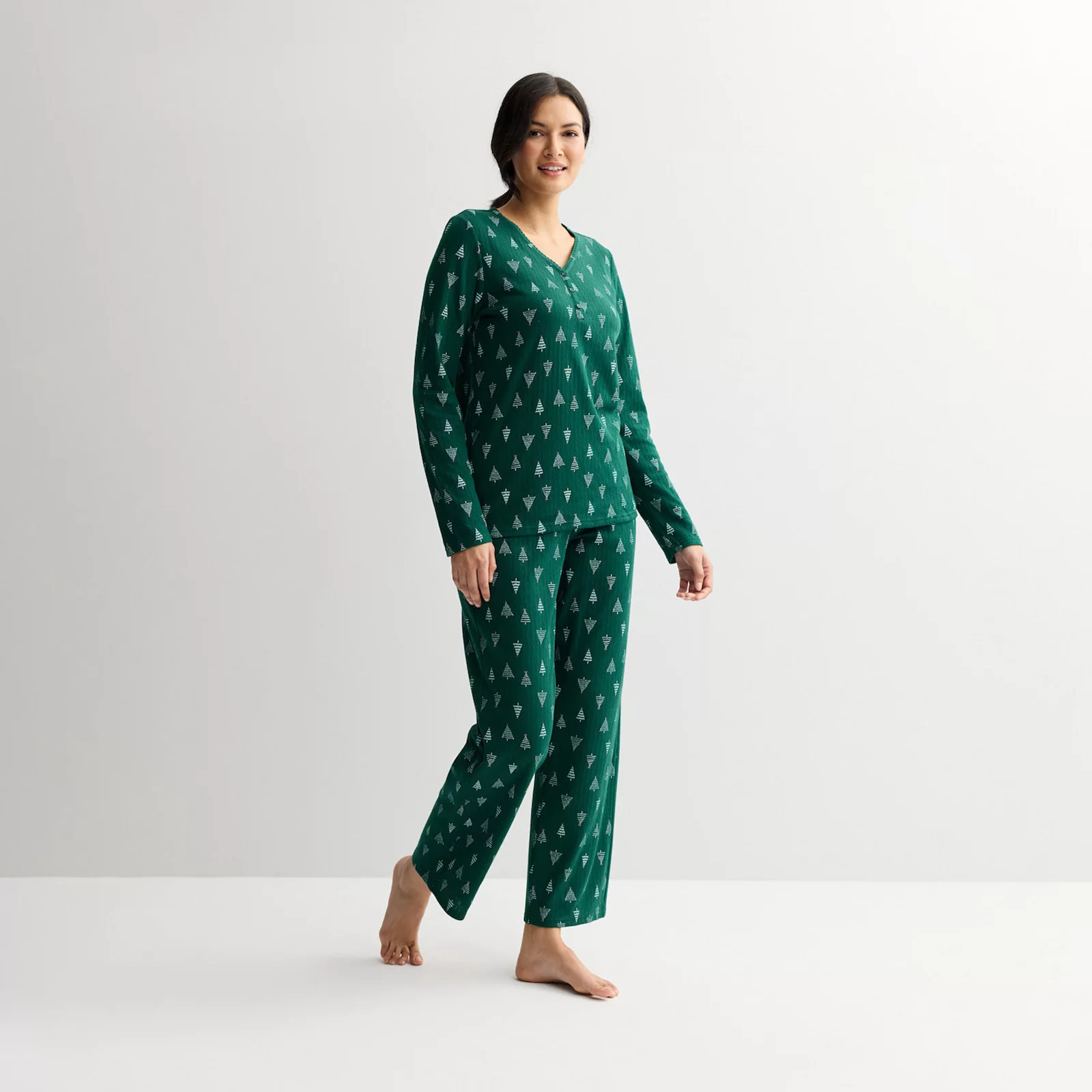 Petite Croft & Barrow® Long Sleeve Textured Knit Pajama Top & Pajama Bottoms Set, Women's, Size: Small Petite, Jolly Xmas Tree | Kohl's