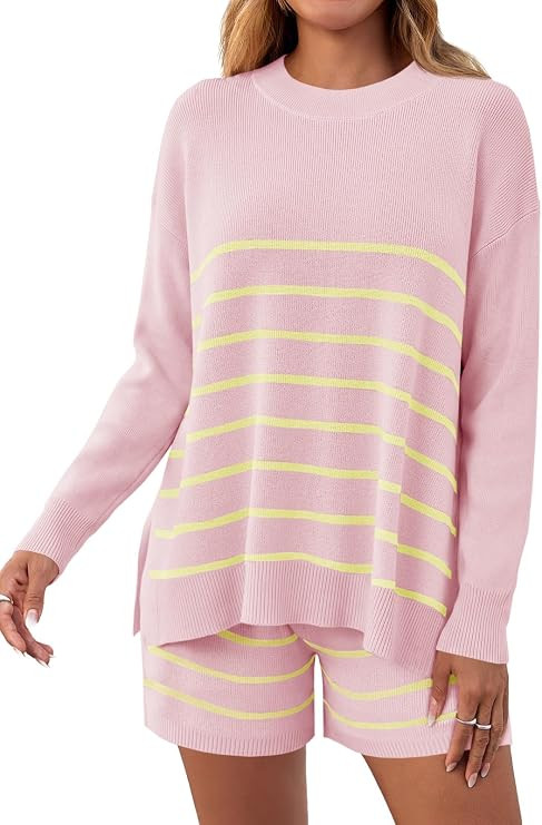 Fisoew Women's Striped 2 Piece Lounge Sets Oversized Long Sleeve Knit Sweater High Waisted Shorts... | Amazon (US)