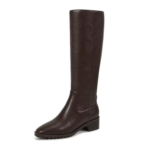 ISNOM Brown Knee High Boots for Women Flat Tall Boots Chunky Low Heel Square Toe Boot Side Zipper Leather Fashion Comfortable Fall Tall Boot | Amazon (US)