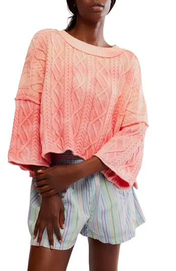 Free People Washed Ashore Cable Stitch Cotton Sweater in Pink at Nordstrom Rack, Size Medium | Nordstrom Rack