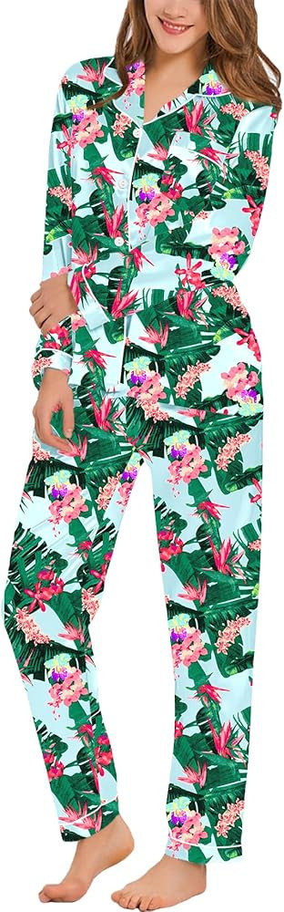SWOMOG Womens Silk Satin Pajamas Set Long Sleeve Button Down Sleepwear 2 Piece Lounge Set Pj Set ... | Amazon (US)