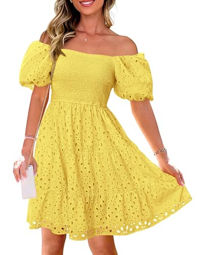 PRETTYGARDEN Womens Summer Puff Sleeve Mini Dress Off Shoulder Eyelet Smocked A Line Casual Babyd... | Amazon (US)