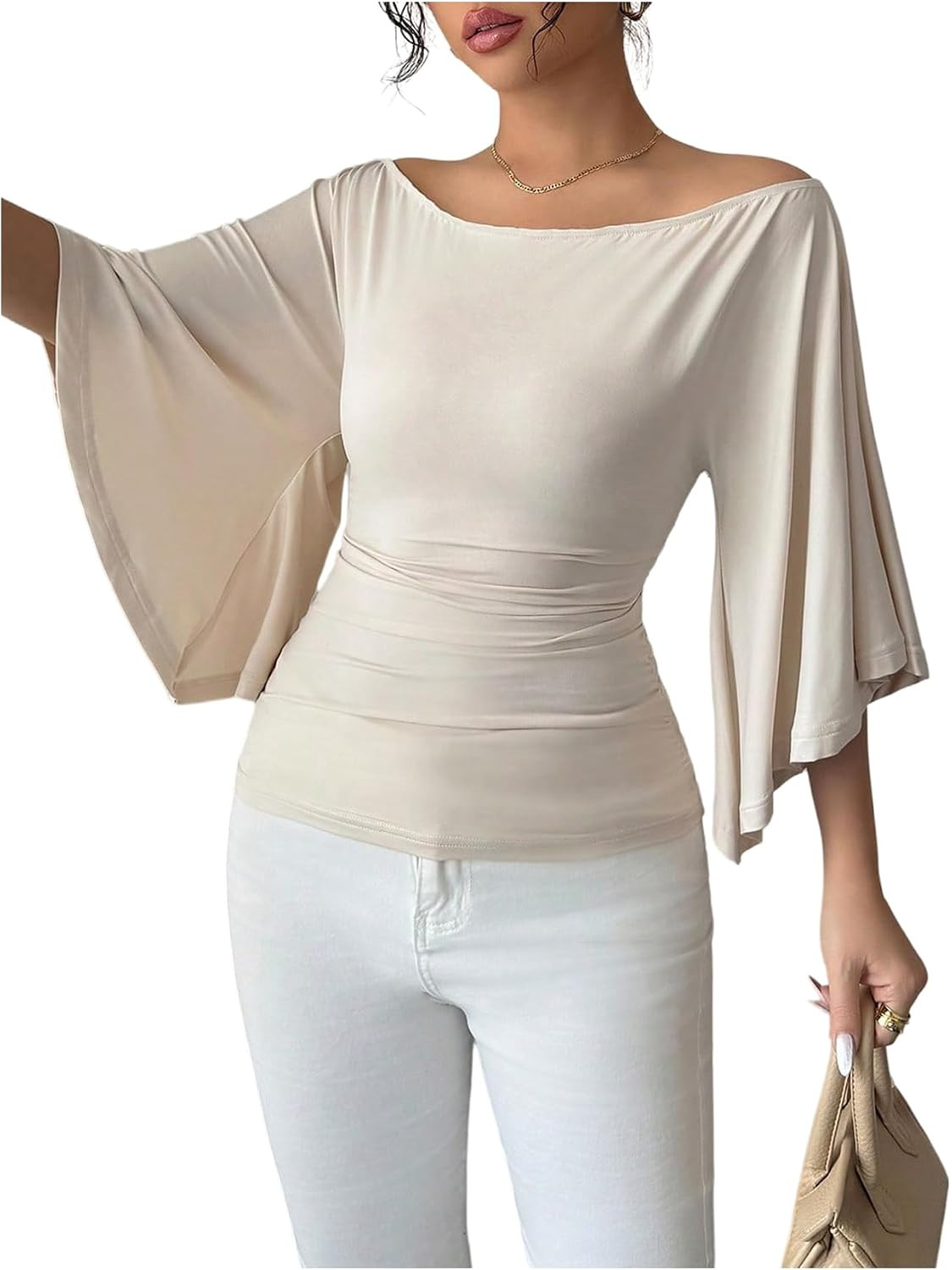 OYOANGLE Women's Batwing Bell Sleeve Tops Off The Shoulder T Shirts | Amazon (US)