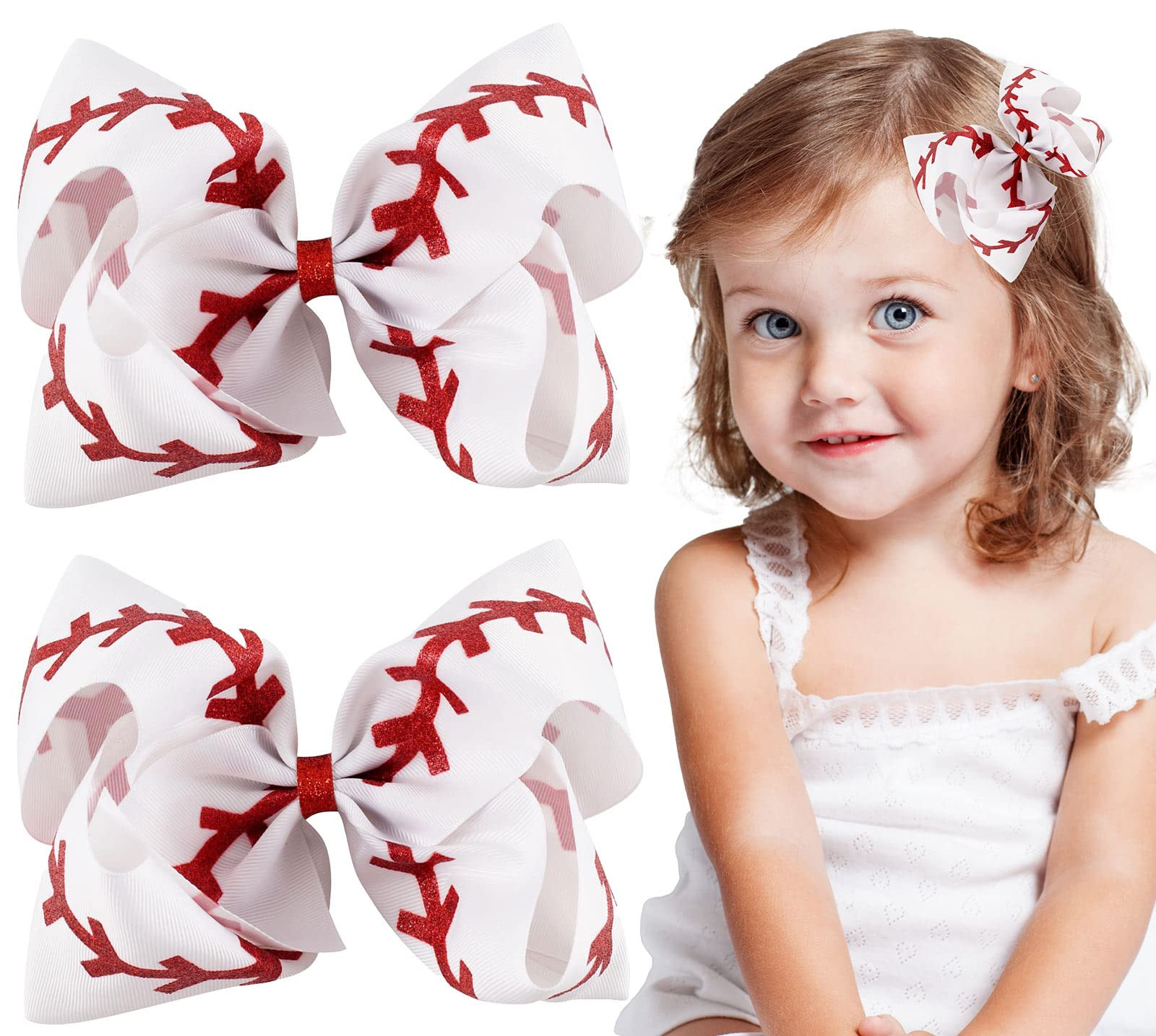 Whaline 2Pcs Baseball Glitter Hair Bow Clips Red and White Baseball Cheer Grosgrain Ribbon Barret... | Amazon (US)