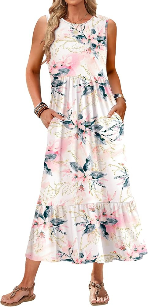 AUSELILY Womens Summer Dresses 2026 Sleeveless Maxi Dress Crewneck Casual Flowy Tiered Sundresses... | Amazon (US)