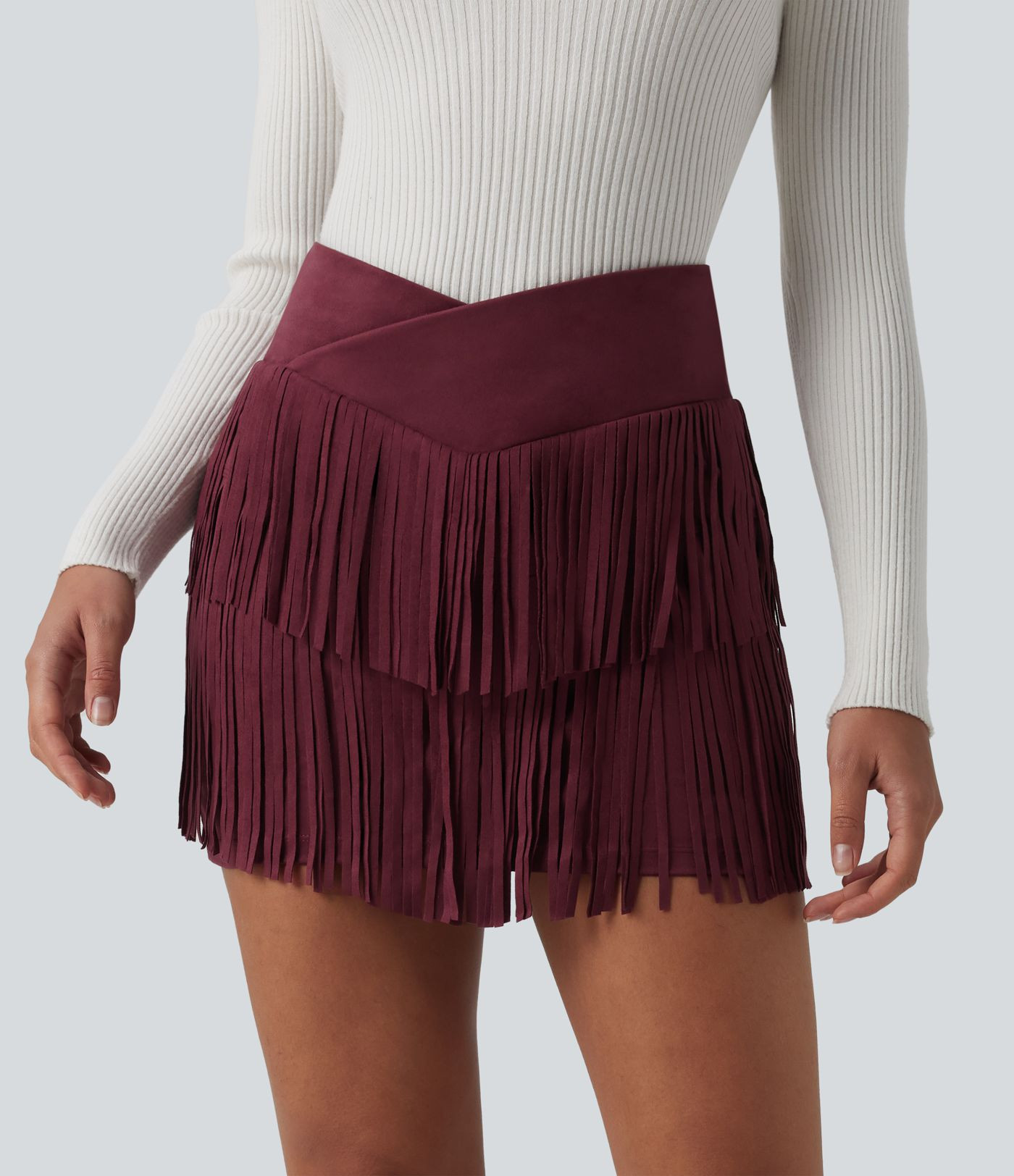 Women’s Crossover High Waisted 2-in-1 Fringe Hem Bodycon Mini Suede Party Skirt - Halara | HALARA