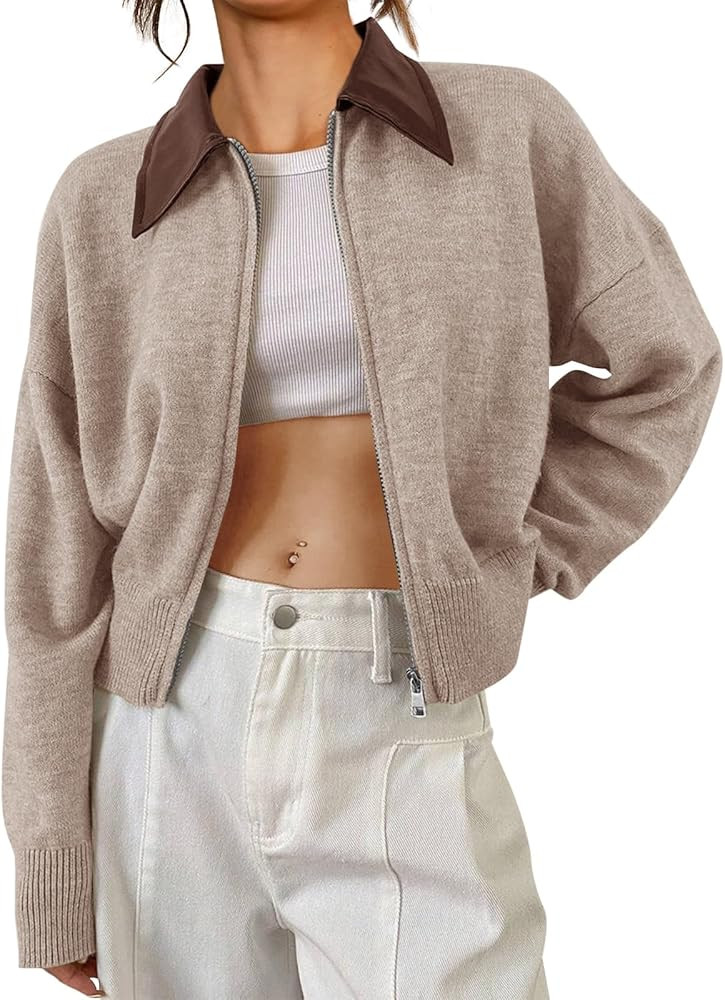 Saodimallsu Womens Zip Up Barn Jacket Cropped Faux Leather Collared Open Front Long Sleeve Fall C... | Amazon (US)