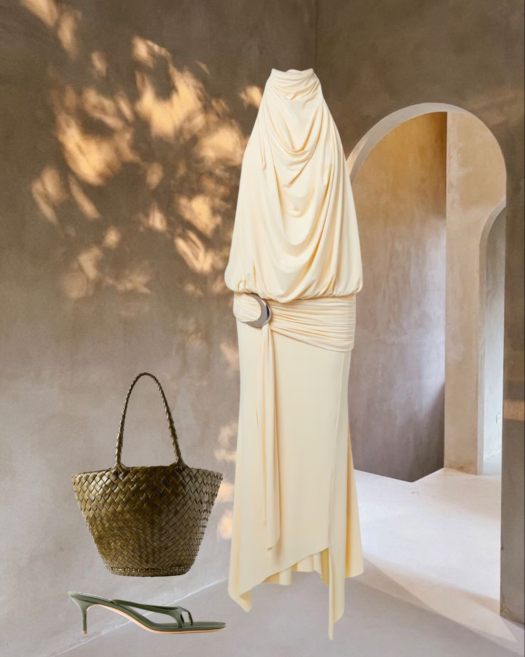 Elegant Resort Evening Look | Cream Draped Halter Dress, Olive Woven Tote & Green Heeled Sandals 

 #LTKgrwm #LTKootd #LTKTravel