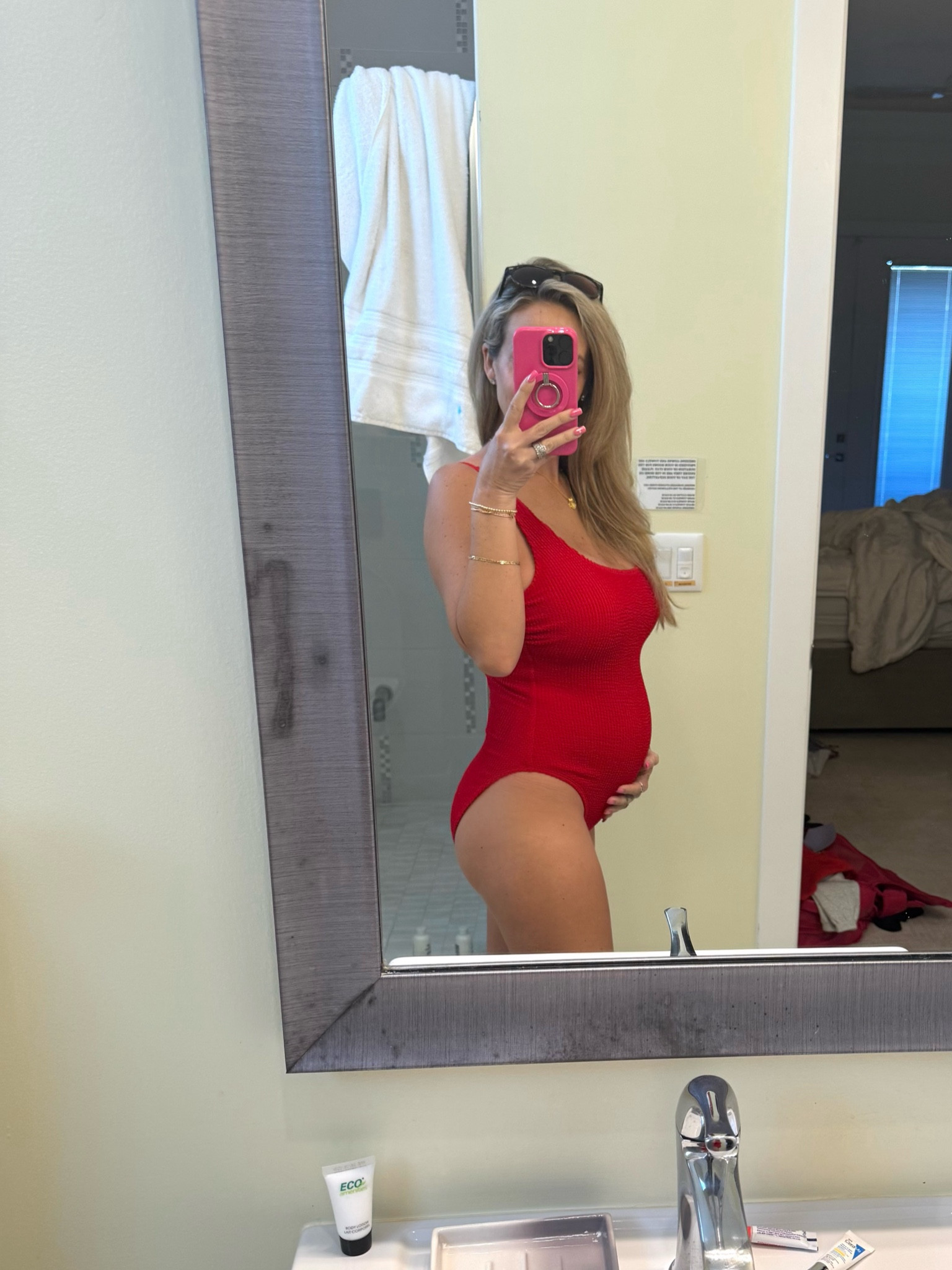 Baby bump one piece - I’m wearing a small & it has such good scrunch to it & adjustable straps  

#LTKMostLoved 

#LTKSwim #LTKBump