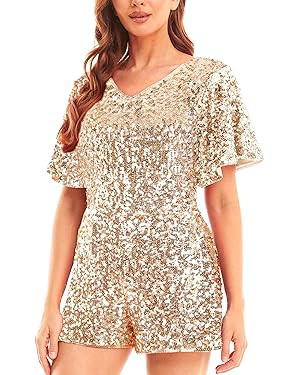 MANER Women’s Sequin Romper Sparkly Short Jumpsuit Party Concert Outfit With Flutter Sleeve | Amazon (US)