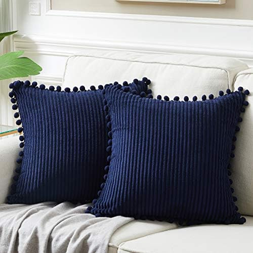 Fancy Homi Pack of 2 Corduroy Navy Blue Decorative Throw Pillow Covers with Pom-poms, Solid Squar... | Amazon (US)