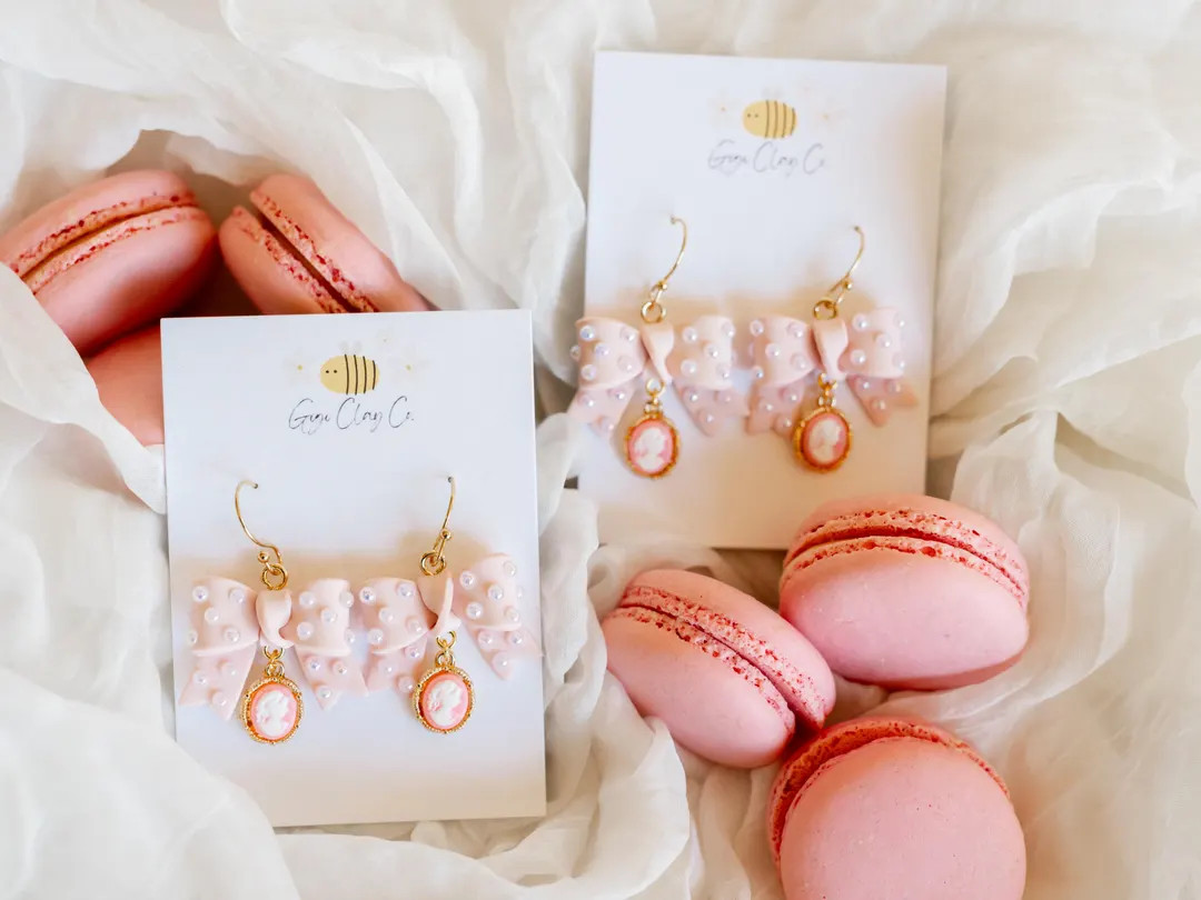 Coquette Bow Earrings: Handmade Blush Pink Cameo Pearl Earrings - Etsy | Etsy (US)