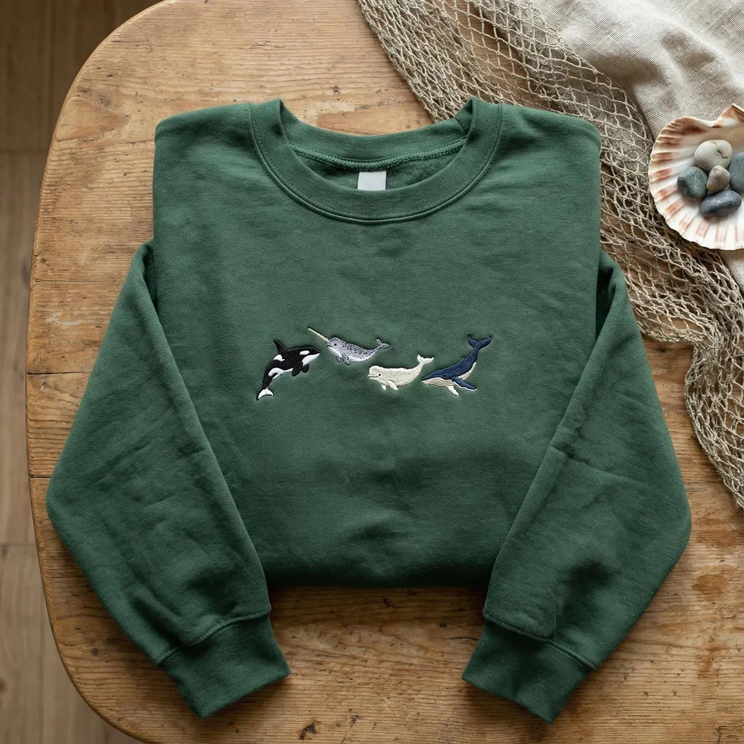Marine Life Embroidered Sweatshirt, Orca Narwhal Beluga Whale Pullover, Ocean Lover Gift, Sea Cre... | Etsy (US)