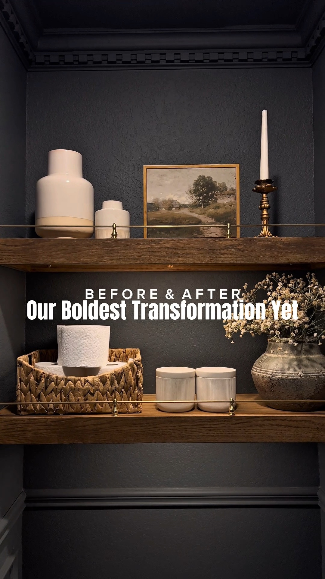 Color drenched, home decor, moody space, wood shelves, gallery railing, home DIY, tools, trim moulding, accent walls, home transformation, water closet, primary bathroom, 


#LTKWatchNow #LTKStyleTip #LTKHome