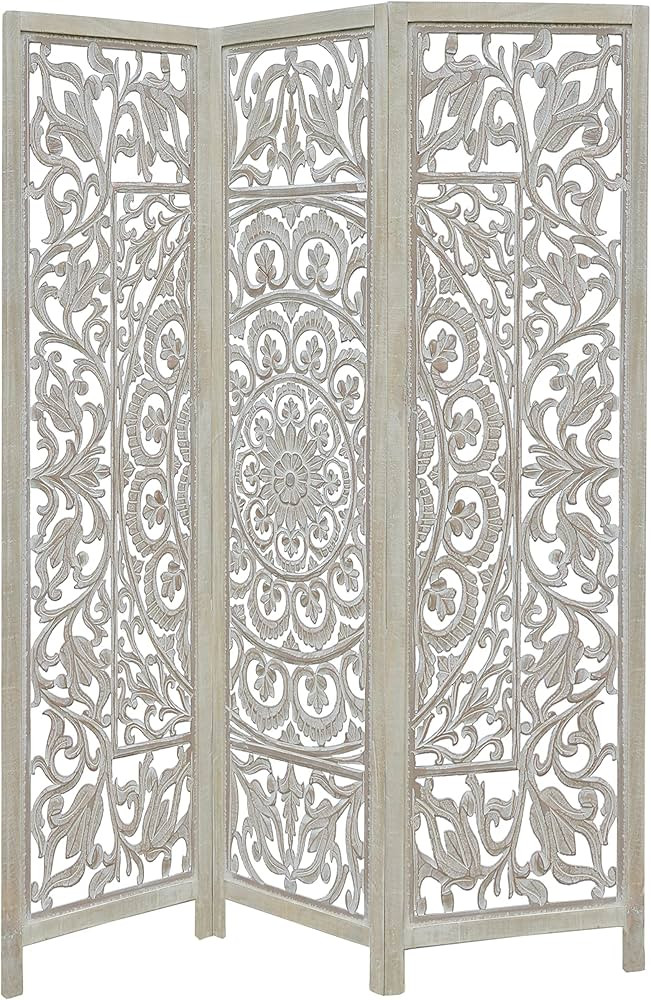 Room Divider Wood Floor Screen - Suzani White Wash 3 Folding Panel 60x72 - Hand Carved Portable R... | Amazon (US)