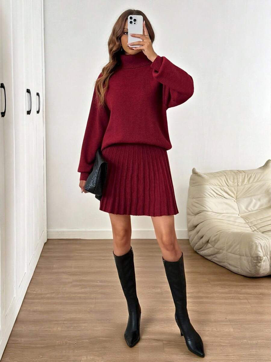 SHEIN LUNE 2pcs/Set Women's Turtleneck Long Sleeve Loose Knit Sweater And Midi Skirt, Fashionable... | SHEIN