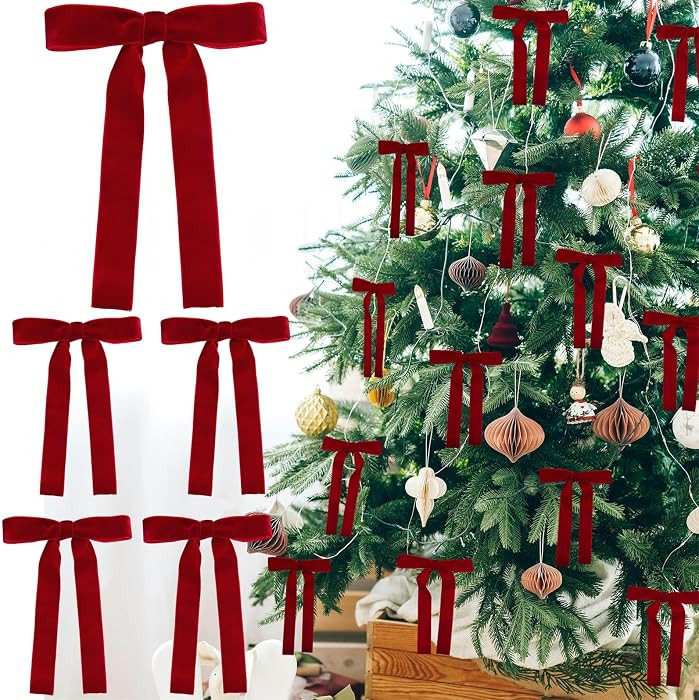 24pcs Red Velvet Bows for Christmas Tree, Large Ribbon Christmas Tree Bows, Red Velvet Bow Orname... | Amazon (US)