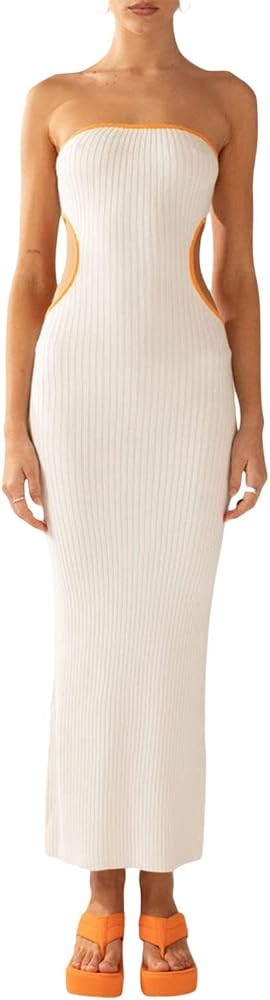 Faretumiya Chic Tube Maxi Dress Women Strapless Low Cut Backless Skinny Long Dress Going Out Form... | Amazon (US)