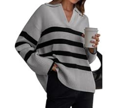 ZESICA Women's 2023 Winter Striped Sweaters Lapel V Neck Long Sleeve Chunky Knit Oversized Pullov... | Amazon (US)