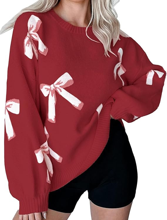 Womens Oversized Cute Bow Tie Sweater Spring 2025 Cozy Chunky Ribbed Knit Crewneck Long Sleeve Pu... | Amazon (US)