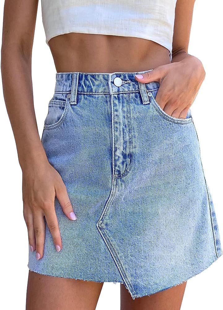 imesrun Womens Mini Denim Skirts Causal High Waisted Cute Asymmetrical Hem Summer Short Jean Skir... | Amazon (US)