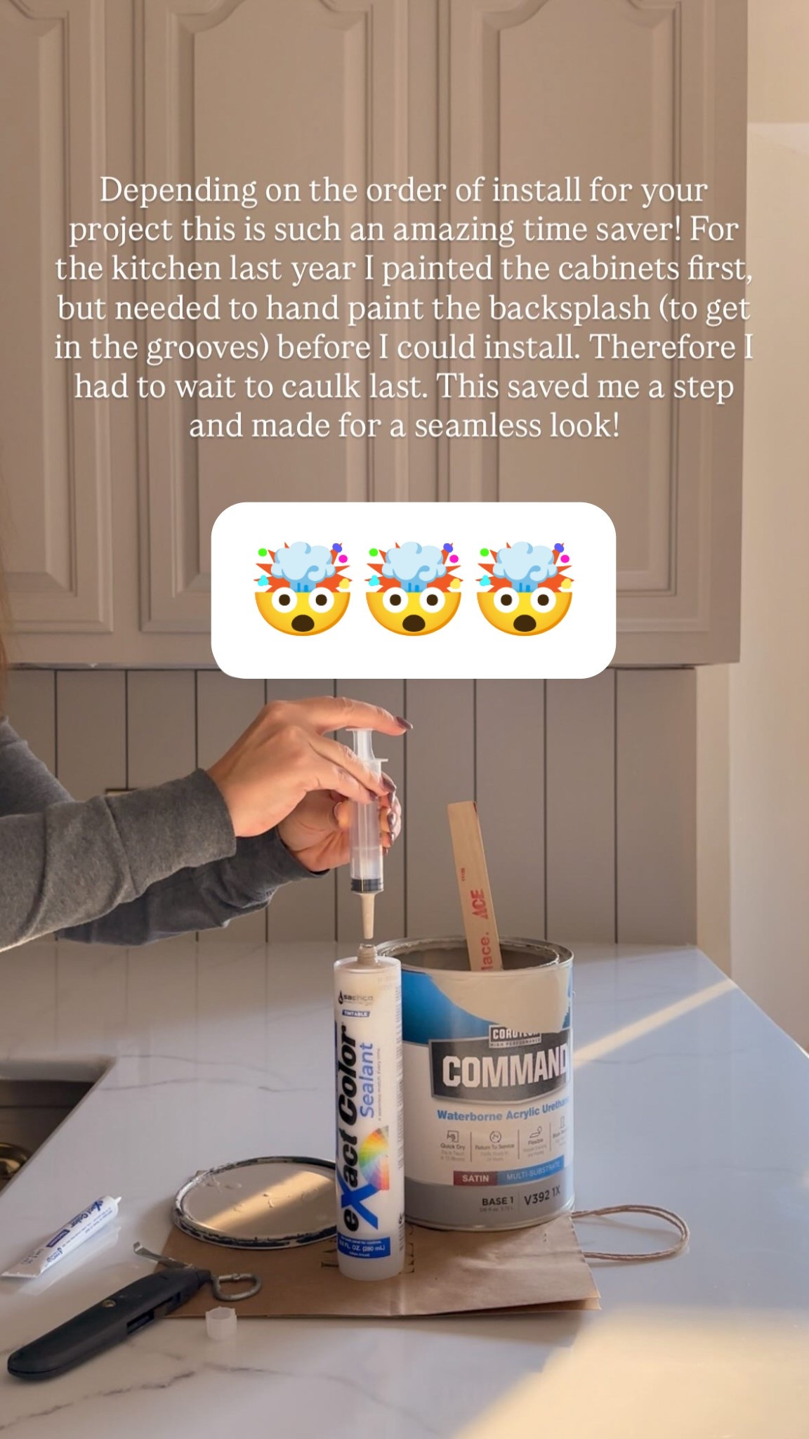 Depending on the order of install for your project tintable caulk is such an amazing time saver! For the kitchen last year I painted the cabinets first, but needed to hand paint the backsplash (to get in the grooves) before I could install. Therefore I had to wait to caulk last. This saved me a step and made for a seamless look! #diy #diyprojects #homeimprovement 

#LTKFindsUnder50 #LTKHome