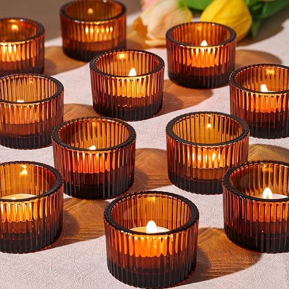 24 pcs Amber Tealight Candle Holders, Glass Votive Candle Holders Fall Decorations for Home Table... | Amazon (US)