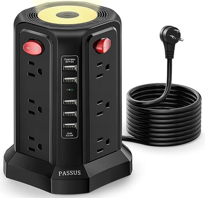 Surge Protector Power Strip Tower with 5 USB Ports and Night Light, 10FT Extension Cord with 12 A... | Amazon (US)