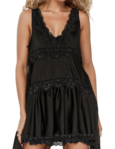 Womens Lace Mini Dress Slip Dress V-Neck Summer Y2k Ruffle Hem Flowy Swing Boho Short Dresses | Amazon (US)