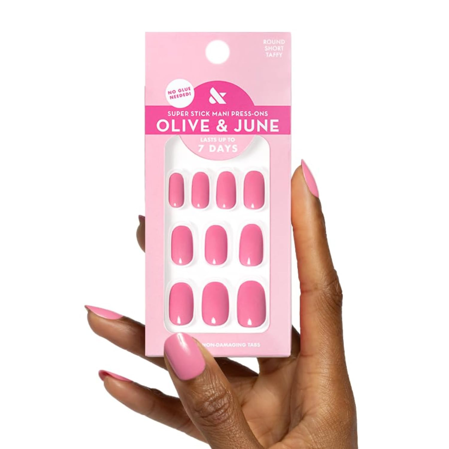 Olive & June Classic Super Stick Mani Press On Nails | Short, Round | No Glue Needed | 32 Tab Nails in 16 Sizes | Non-Toxic Tabs | Easy On-Off, Non-Damaging |7-Day Wear | Taffy | Bright Pink | Amazon (US)