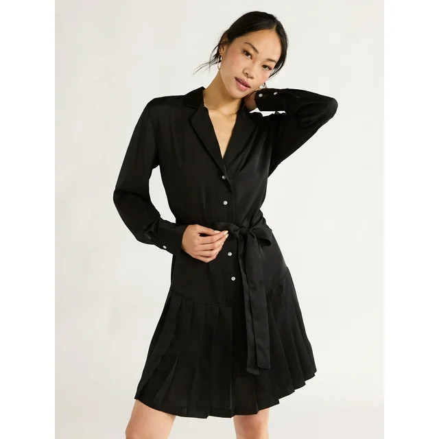 Free Assembly Women's Pleated Mini Shirtdress with Long Sleeves, Sizes XS-XXL | Walmart (US)