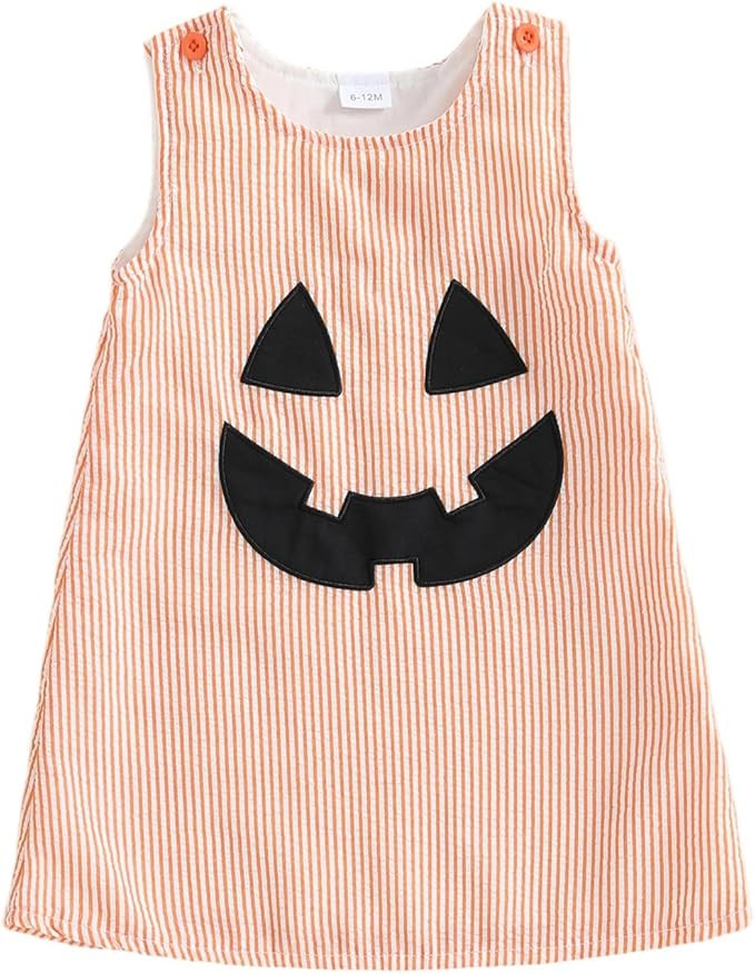 Toddler Baby Girl Halloween Outfit Pumpkin Face Embroidery Dress Striped Sleeveless Tank Dress In... | Amazon (US)