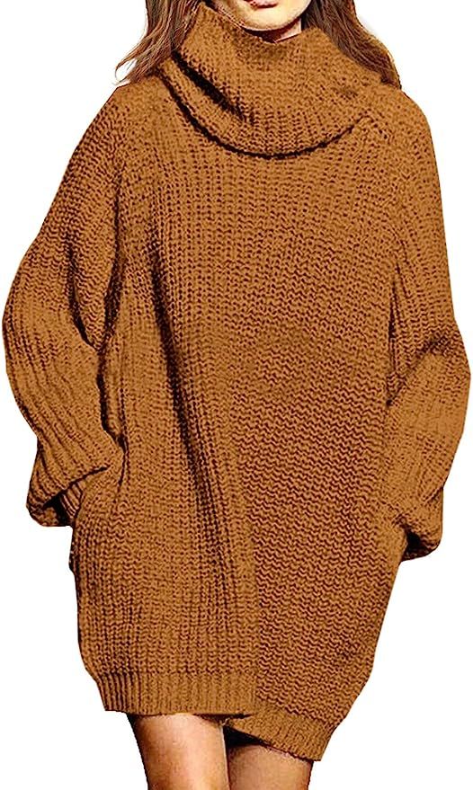 Pink Queen Women's Loose Turtleneck Oversize Long Pullover Sweater Dress | Amazon (US)