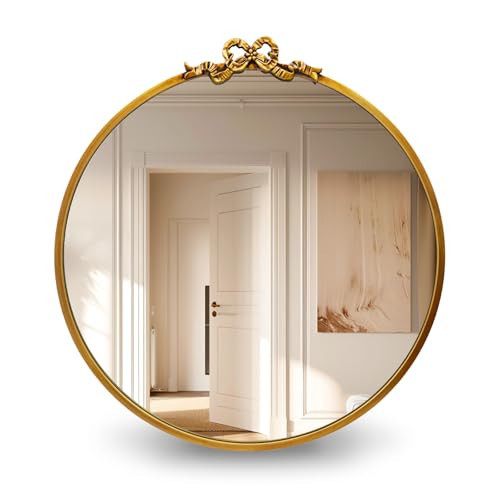 TopCity Vintage Round Gold Wall Mirror Bathroom Vanity Mirrors Decorative Antique Metal Ornate Circle Mirror, Baroque Home Bow Decor for Dressing Table,Bedroom,Living Room,Hallway | Amazon (US)