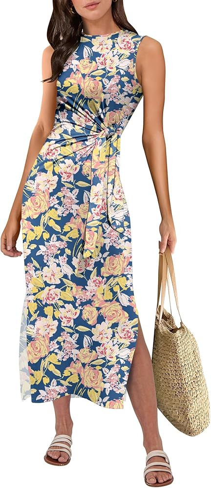 ANRABESS Womens Summer Casual Sleeveless T Shirt Midi Dress Slim Fit Tie Waist Split Tank Long Dr... | Amazon (US)