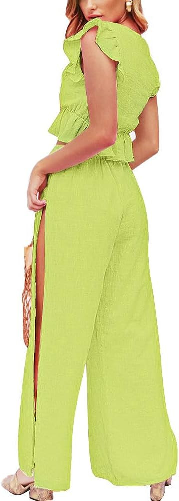 FANCYINN Womens 2 Pieces Outfits Deep V Neck Crop Top Side Slit Drawstring Wide Leg Pants Set Jum... | Amazon (US)