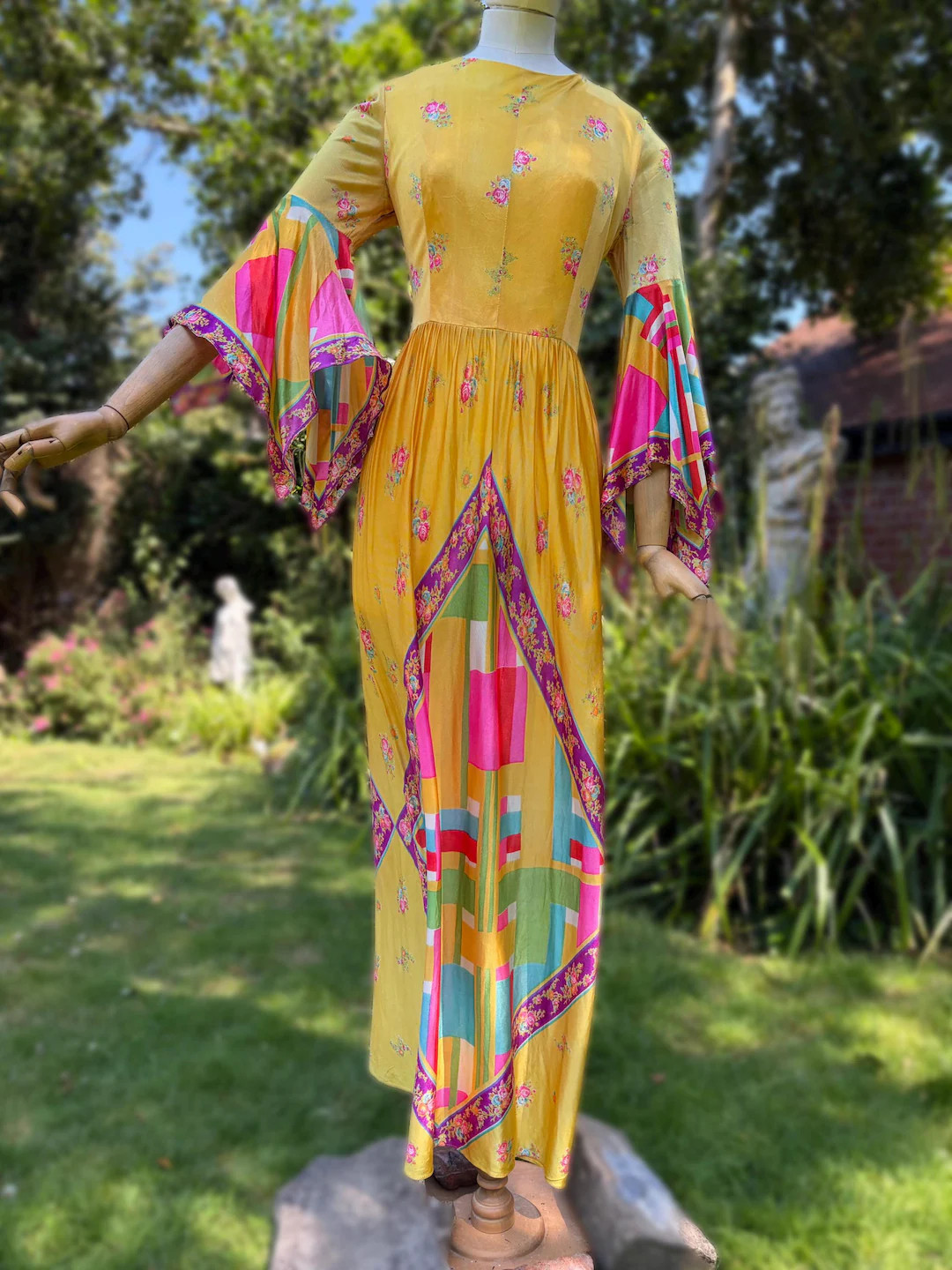 1970's vibrant psychedelic hippy yellow maxi dress boho nylon sleeves size 8 | Etsy (Global)