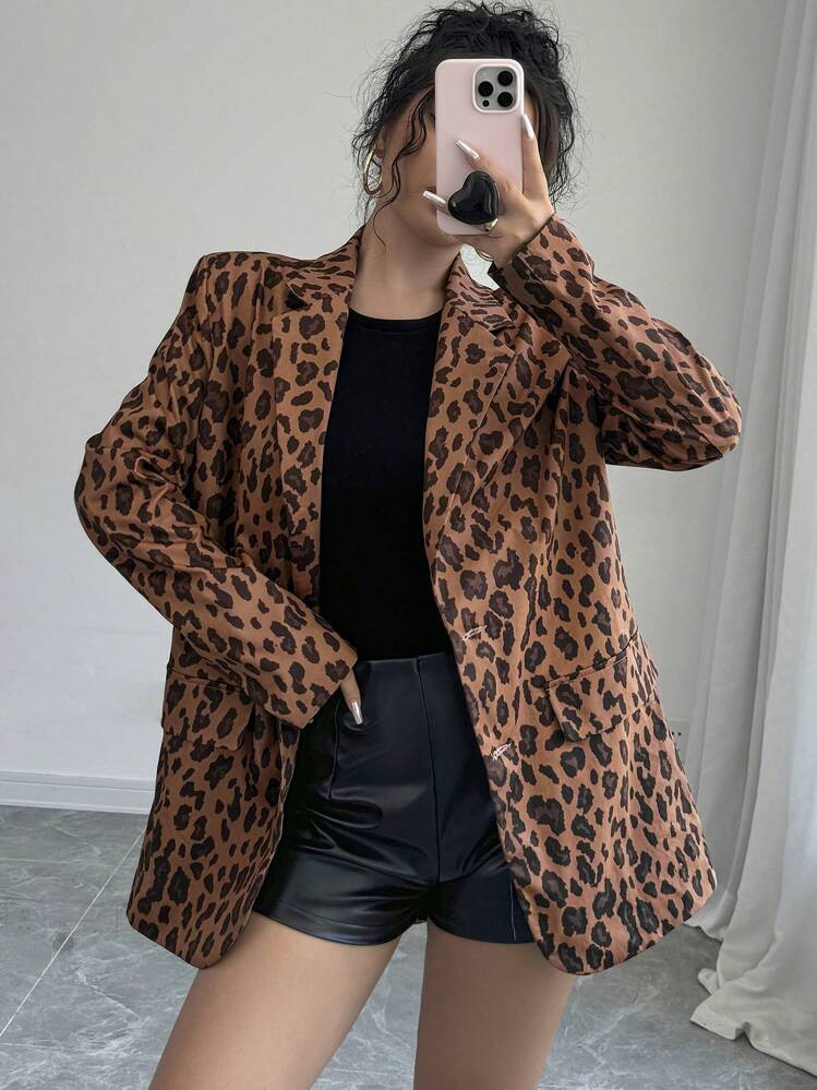 SHEIN Priv\u00e9 Women's Elegant Brown Leopard Print Suit Jacket,Chic Long Sleeve Lapel Baggy Blazer For Summer Night Out,Business Casual Commuter Fashion Outerwear | SHEIN USA- | SHEIN