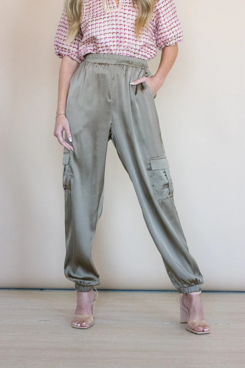 Show Me Off Olive Satin Cargo Jogger | Apricot Lane Boutique