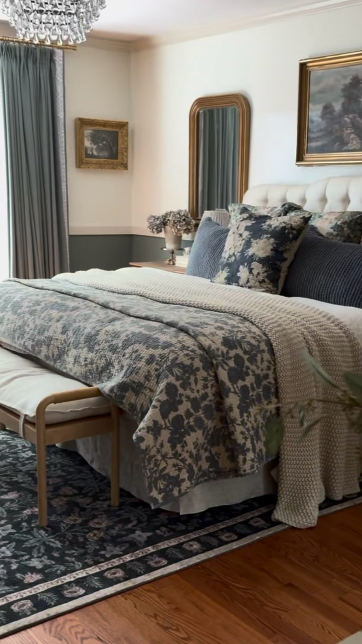 Bedroom decor, reversible blue floral quilt, linen duvet, chunky knit throw blanket, arched gold mirror, custom linen curtains, linen bedskirt, toile shams, Euro shams, velvet scallop sham, pillows, rug, upholstered headboard

#LTKSeasonal #LTKHome #LTKSaleAlert