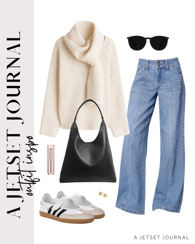 This beige ribbed knit pullover is a great top for Sidefeel’s wide-leg jeans. You can wear Samba Jane sneakers and use a soft vegan bag. Style it with WearMe Pro sunnies to complete the look. 

 #LTKSeasonal #LTKSaleAlert #LTKTravel