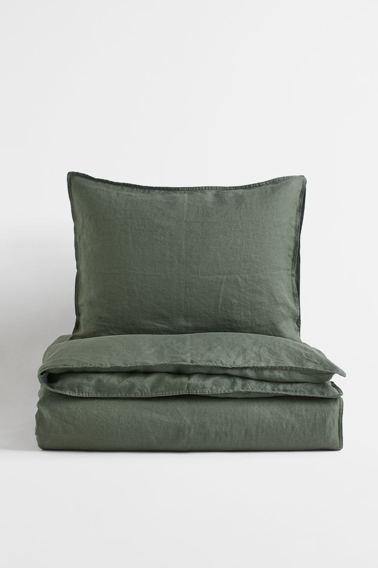 Linen Twin Duvet Cover Set - Dark khaki green - Home All | H&M US | H&M (US)