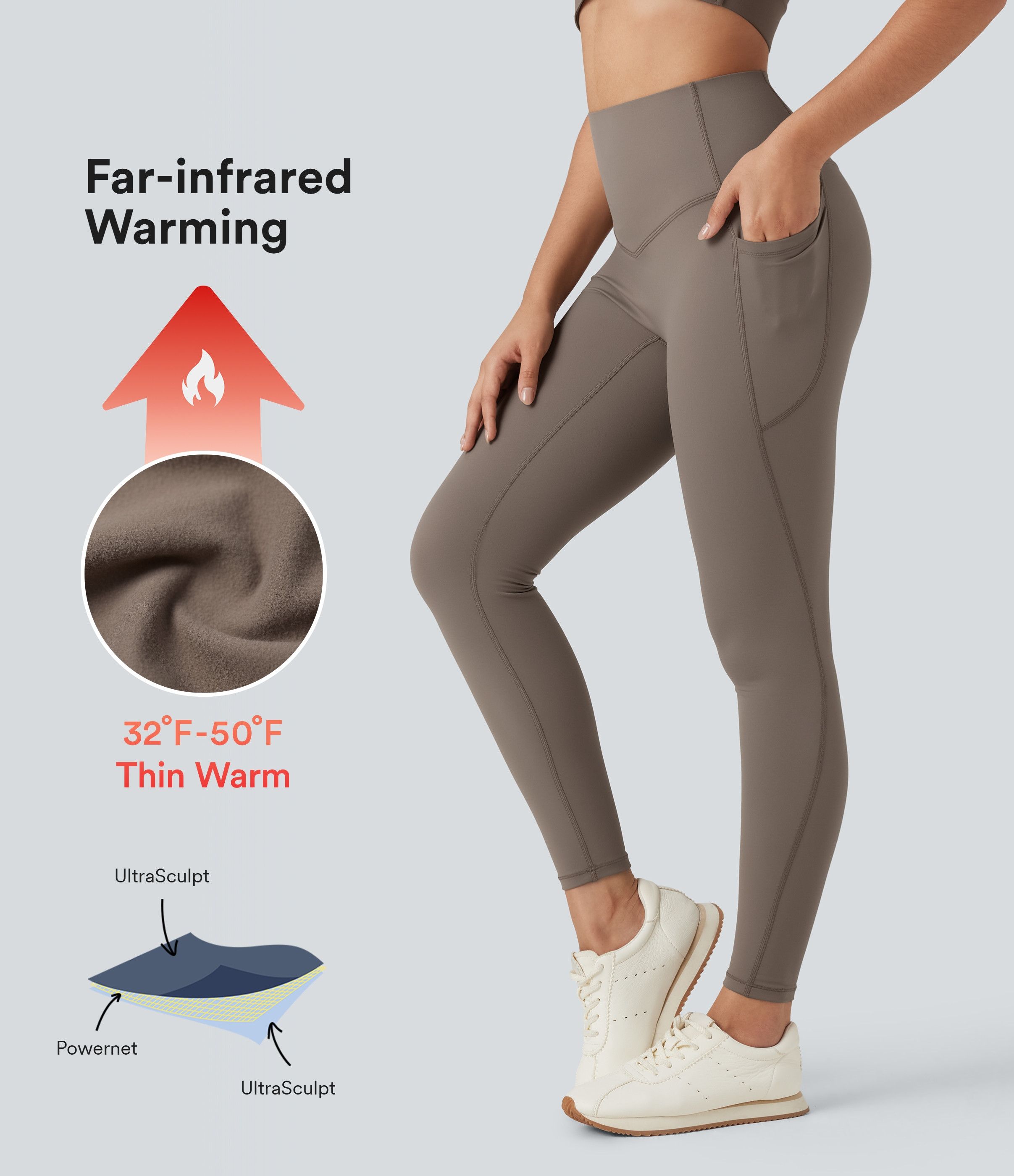 Halara SoCinched High Waisted Tummy Control Fleece Yoga Leggings with Pockets  - Walnut - XS(7/8) gym leggings leggings with pockets | HALARA