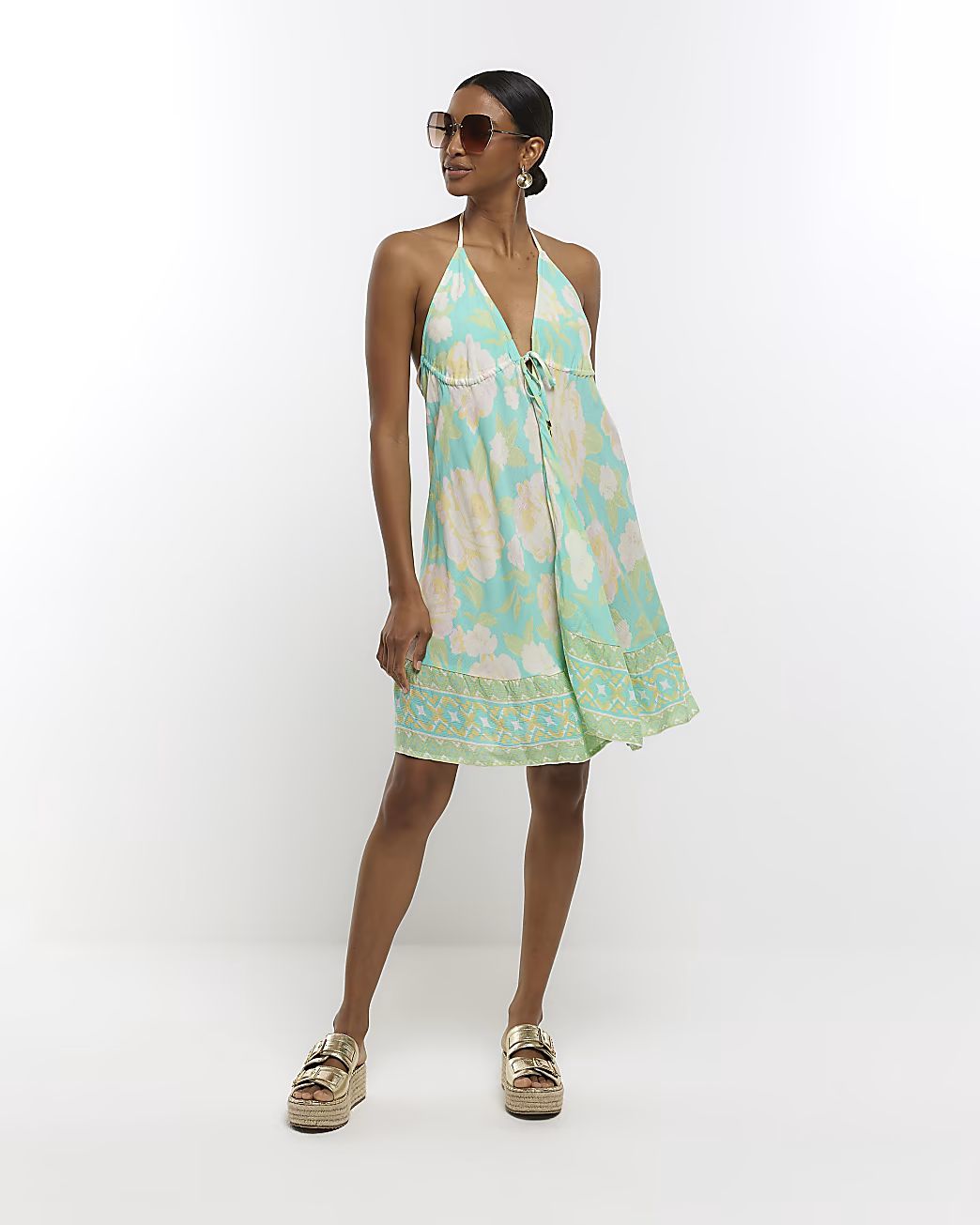 Mini šaty s ohlávkou Aqua print | River Island (UK & IE)