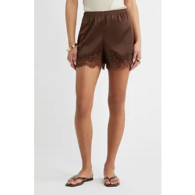 Open Edit Lace Trim Satin Shorts in Black at Nordstrom, Size Xx-Small | Nordstrom